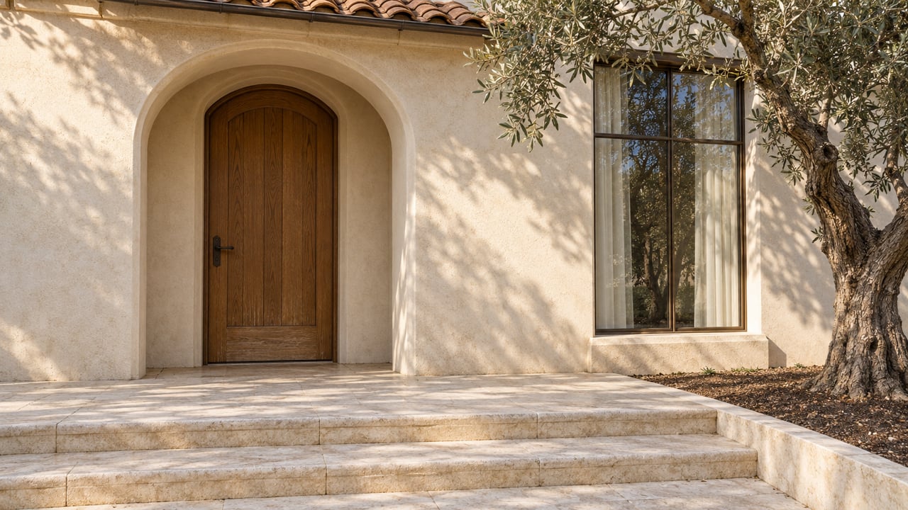 Morning light on an ivory stucco villa's arched oak entry, limestone steps and a mature olive tree.