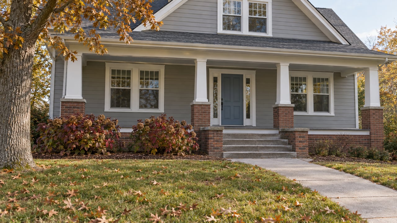 An autumn front lawn and straight concrete walk lead to a gray clapboard home with a brick-based covered porch and blue door.