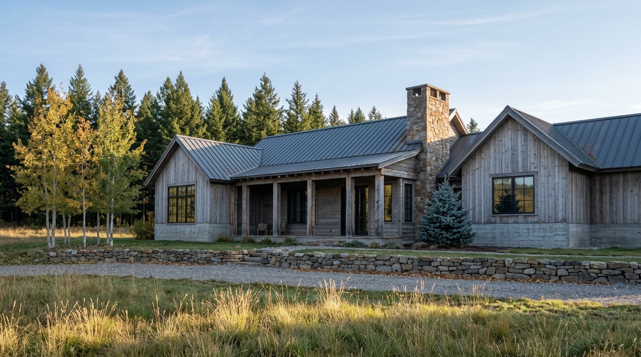 Mountain home with silver-gray siding, timber porch posts, and stone chimney beyond a grassy meadow.