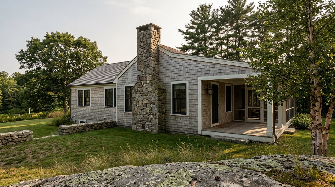 Shingle-style lakefront home with a stone chimney, covered porch, and sloping lawn bordered by granite ledge.
