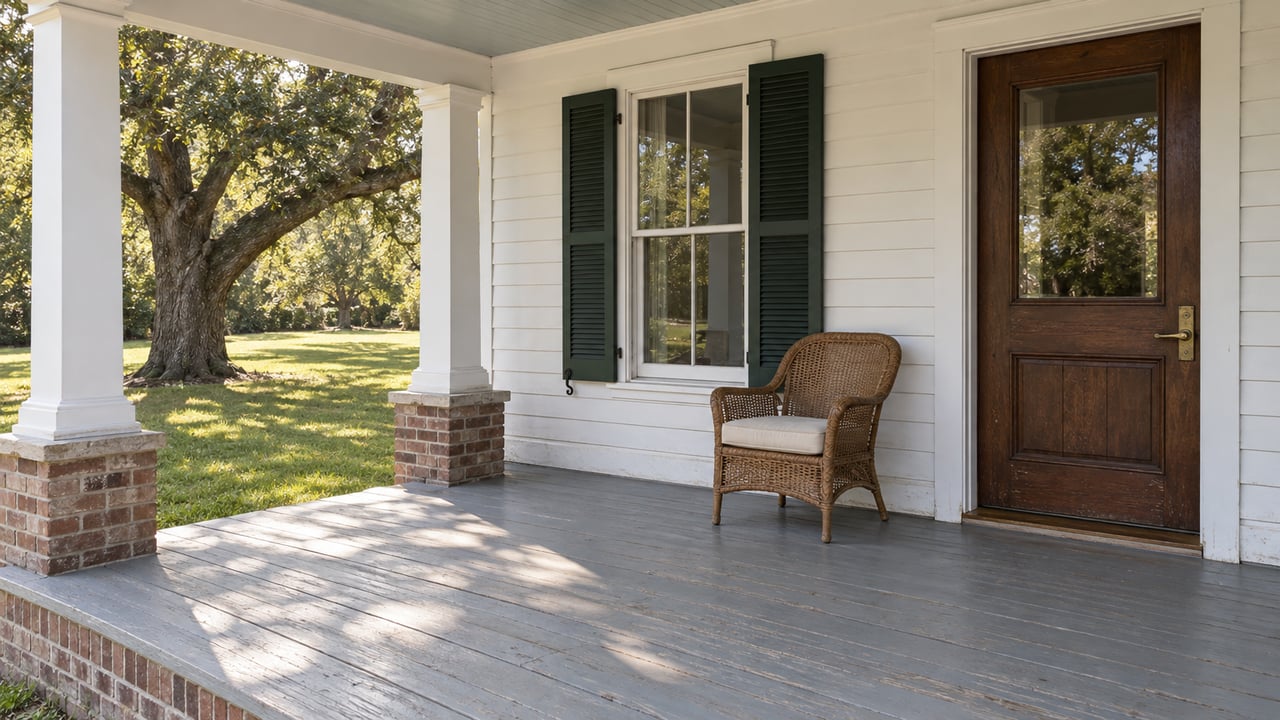 White timber porch with green shutters, a brown glazed entry door, and a woven chair overlooking a live oak lawn.