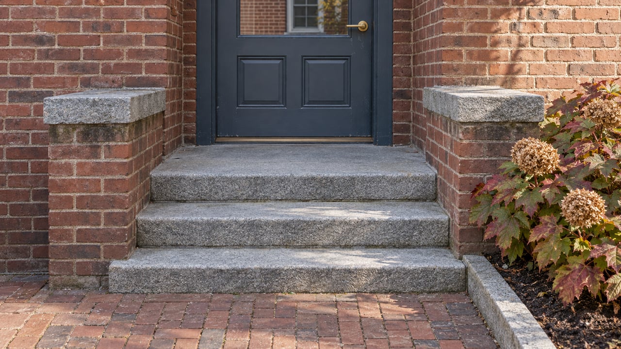 Slate-blue residential door above worn granite steps, with red-brown brick walls and an oakleaf hydrangea beside the approach.