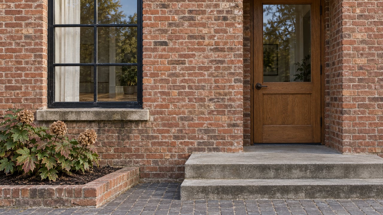 Weathered brick residential entrance with a tall steel-framed window, glazed oak door, concrete steps, and an oakleaf hydrangea.