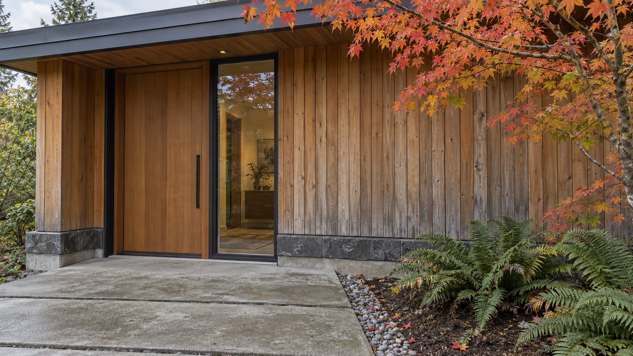 Cedar-clad house entry with a recessed wood door, concrete approach slabs, and an orange-red maple beside it.