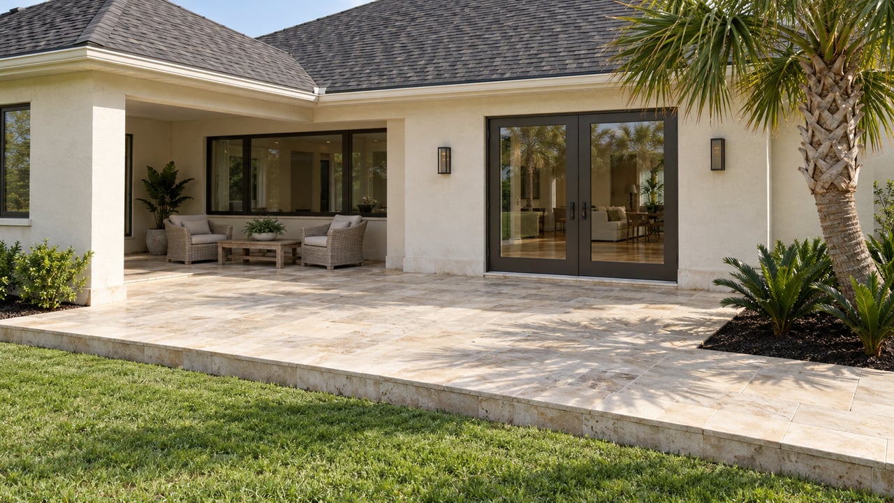 Cream stucco home with charcoal roof planes, a limestone terrace, two outdoor chairs and a sculptural palm beside the lawn.