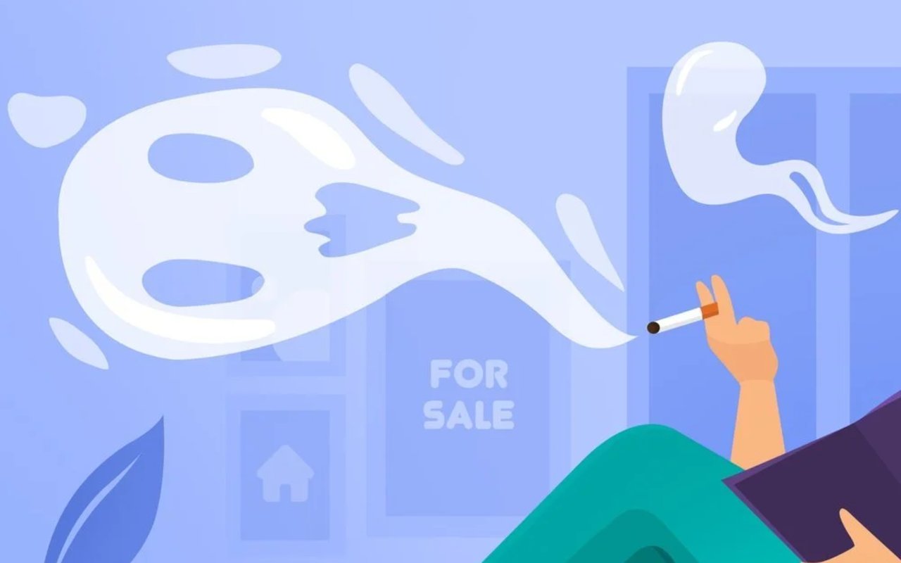 Cigarette smoke drifts across a FOR SALE sign as a hand holds a lit cigarette.