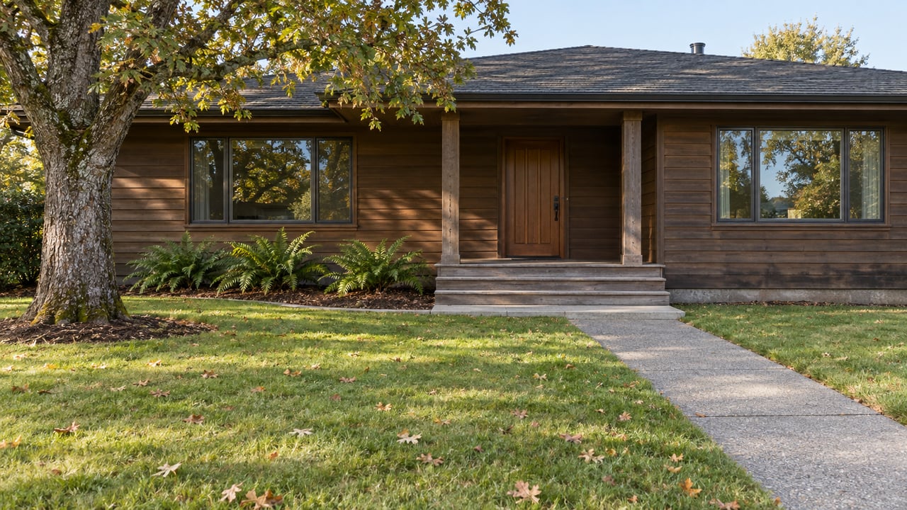 Autumn light on a brown cedar-sided single-story home with a recessed timber porch, deep lawn and mature oak.