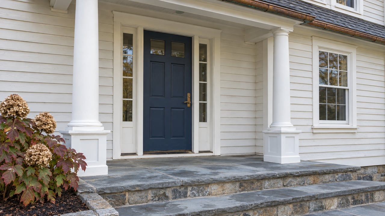 A sheltered clapboard home entry with paired white columns, a blue door, weathered bluestone steps and autumn oakleaf hydrangea.