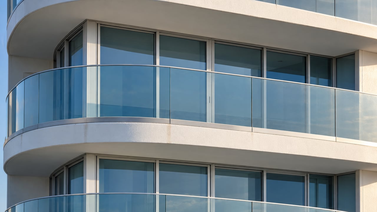Close view of two curved white-concrete condominium balconies with blue-tinted glass and enclosed sliding doors in afternoon light.