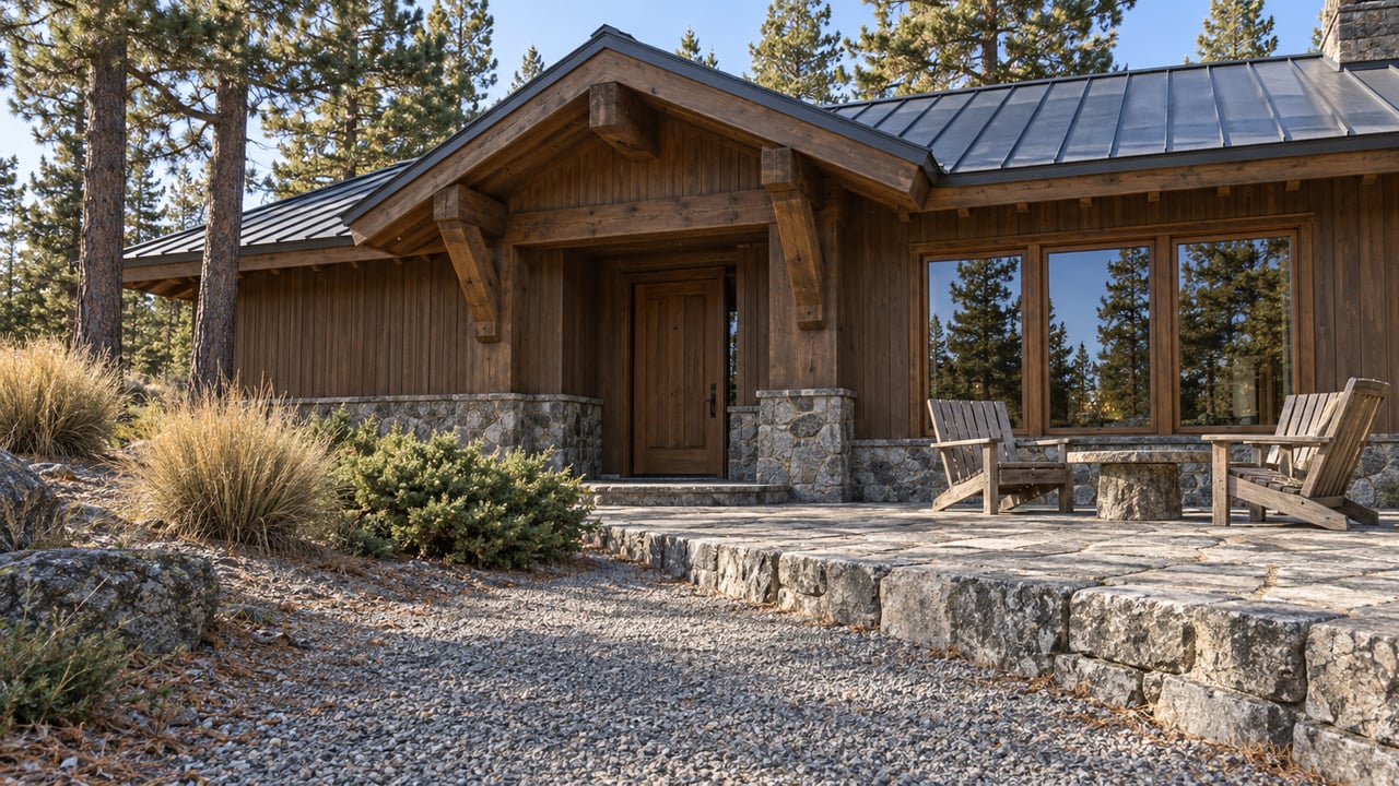 Timber-and-stone lodge with a broad gabled roof, grouped windows and a weathered stone terrace beside autumn grasses and mature pines.