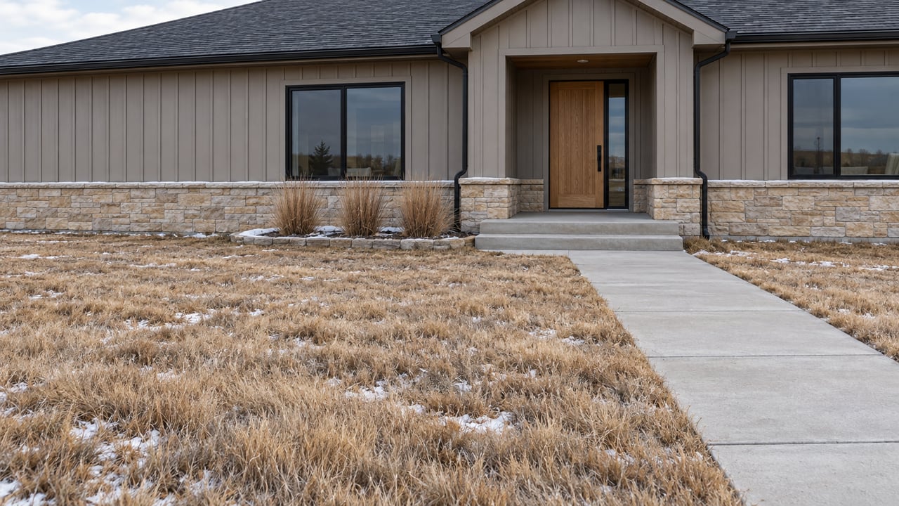 A gabled home with gray vertical siding, stone foundation and a long concrete approach across tawny grass with sparse snow.