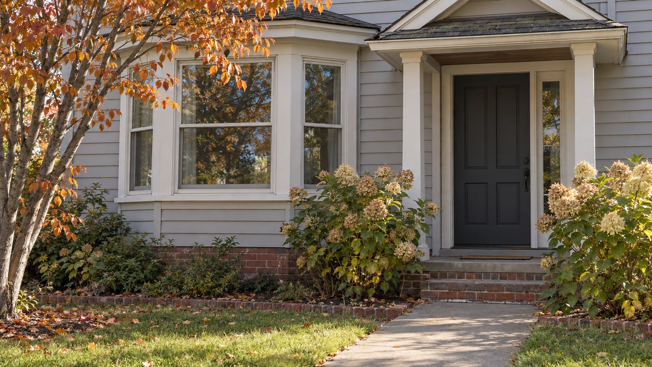 Older home with a projecting bay window, recessed front door, brick steps, and copper-orange leaves overhead.