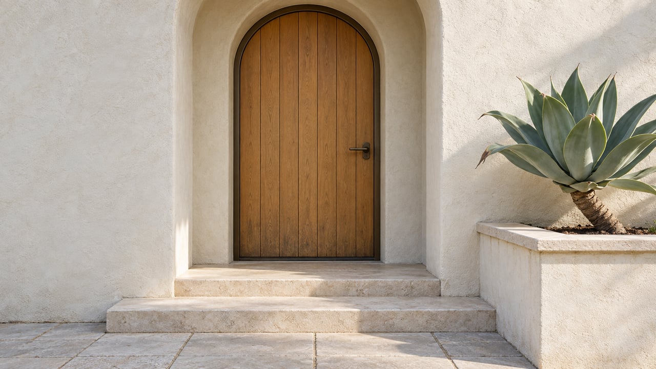 Cream stucco arched entrance with a closed oak door, pale limestone steps and a single blue-green agave in a raised planter.