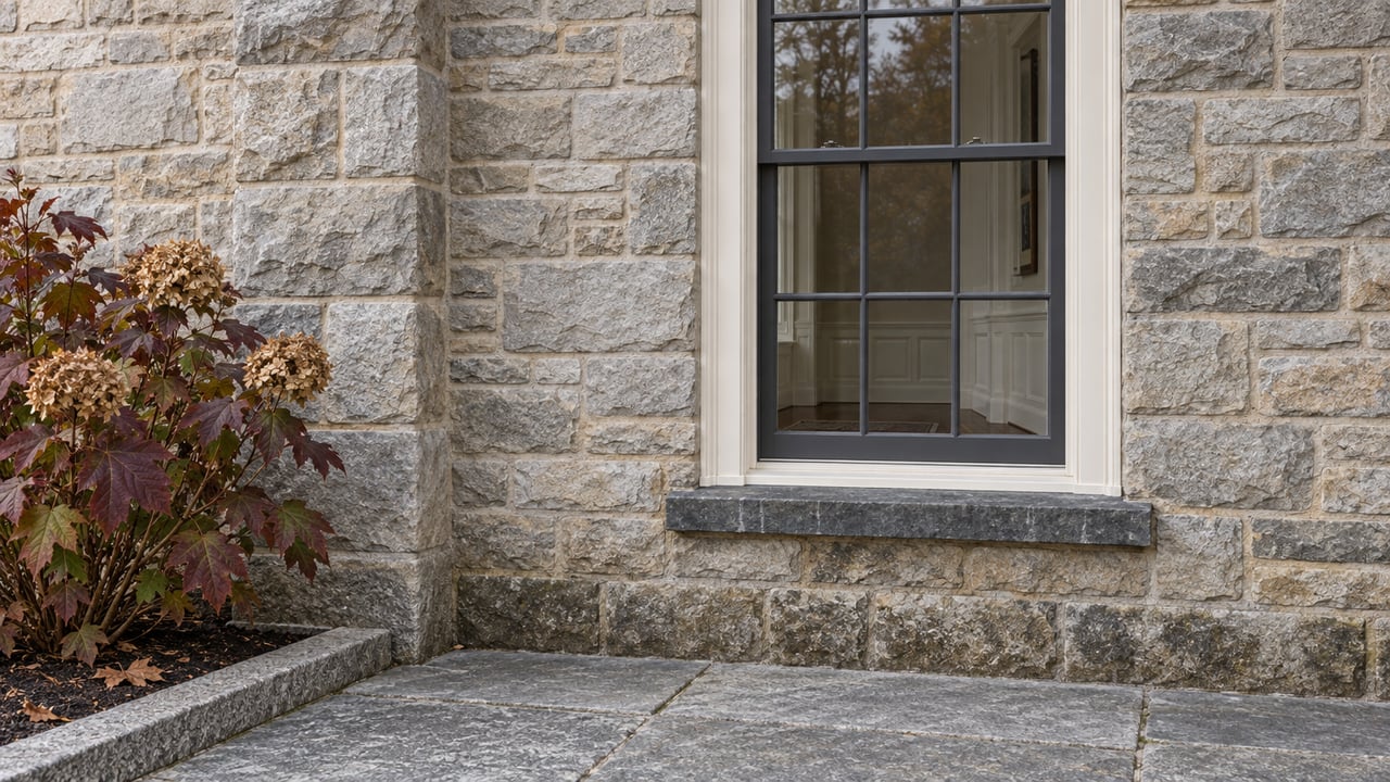Tall divided-light window set in weathered gray stone above a granite terrace, with burgundy oakleaf hydrangea at the edge.