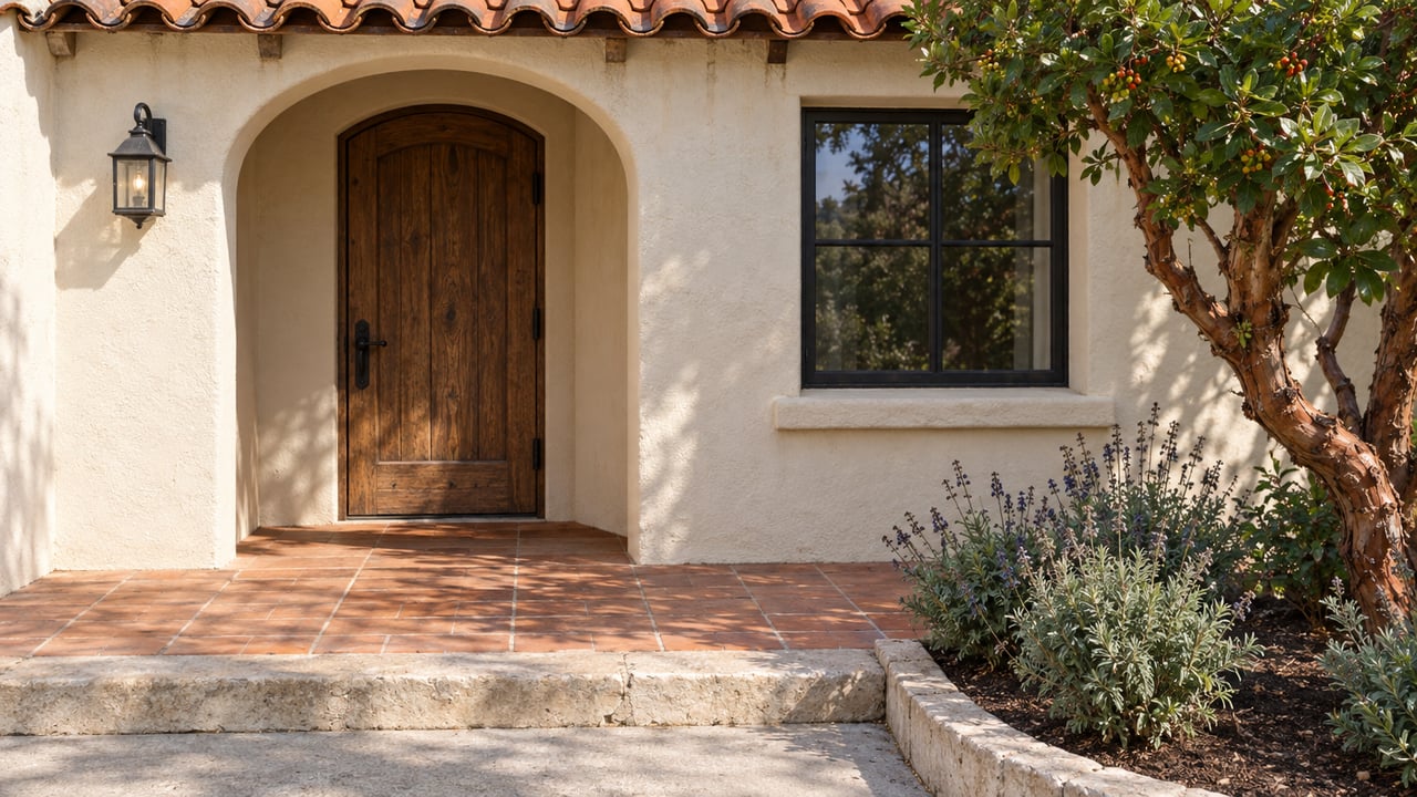 Cream stucco arched entry with an oak door, red clay roof tiles, terracotta landing and a strawberry tree beside a curbed planting bed.