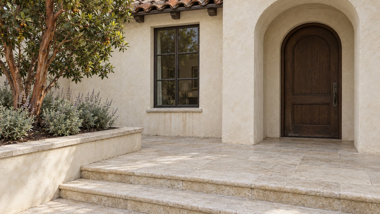 Ivory stucco villa entrance with an arched oak door, limestone steps, a divided-light window, and a raised bed with a branching strawberry tree and sage.