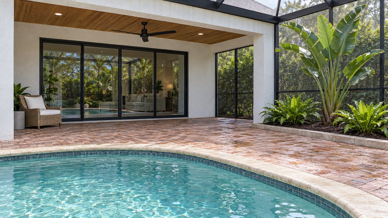 Rain-fresh brick pool terrace beside a white stucco home, with a wood-ceiling lanai, screened enclosure and bird-of-paradise planting.