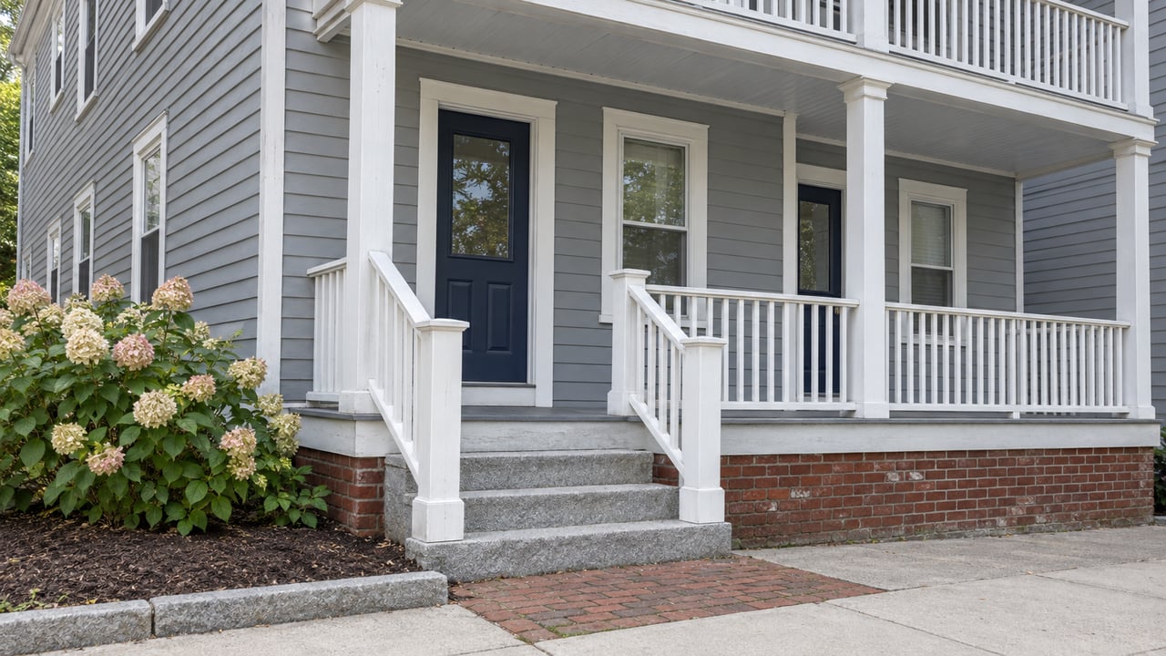 Gray clapboard multi-unit home with stacked white-trimmed porches, granite entry steps, and a flowering hydrangea beside a brick approach.