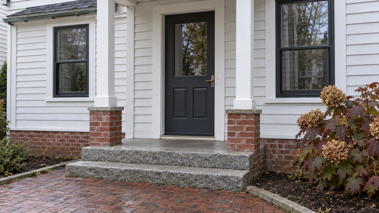 White clapboard house entrance with a charcoal door, paired windows, worn granite steps and a rain-darkened brick path beside burgundy oakleaf hydrangea.