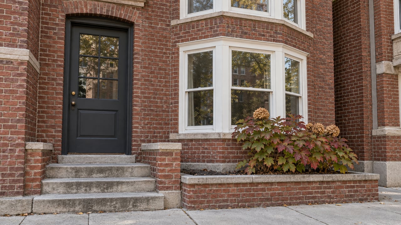 Russet brick rowhome entrance and white-trimmed window bay above worn limestone steps, beside an oakleaf hydrangea with autumn leaves.