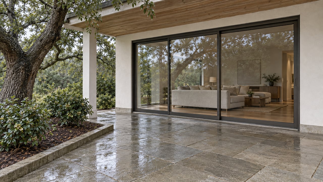 Rain-darkened sandstone patio beneath an oak soffit beside a glazed living room, with a mature oak and planted border.