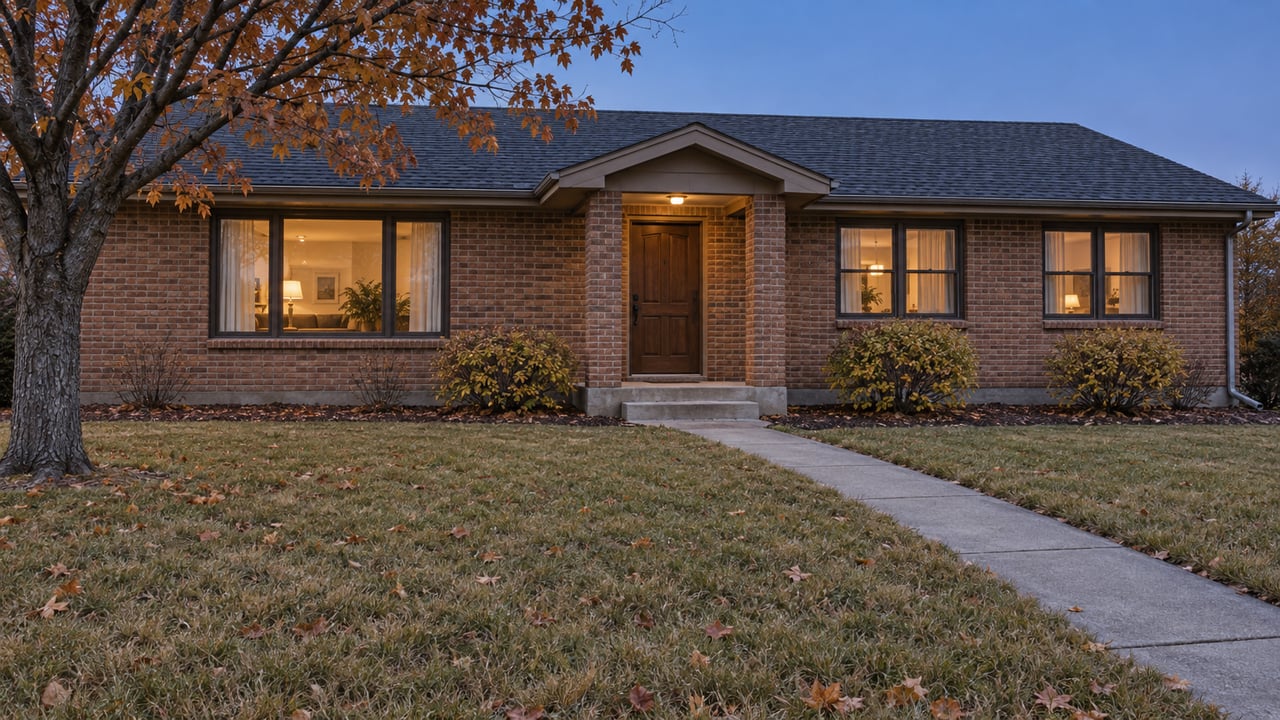 Brick ranch home beyond a deep autumn lawn, with a clear concrete approach and softly lit windows at dusk.