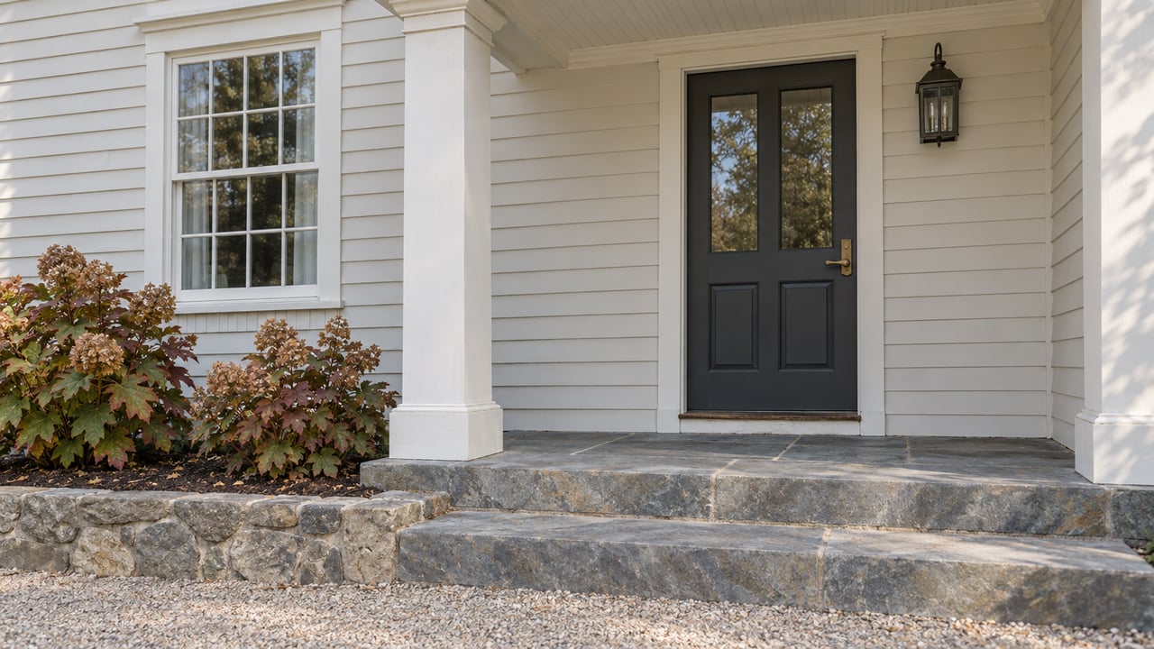 Covered entry of an ivory clapboard home with a charcoal door, bluestone steps and autumn oakleaf hydrangeas.