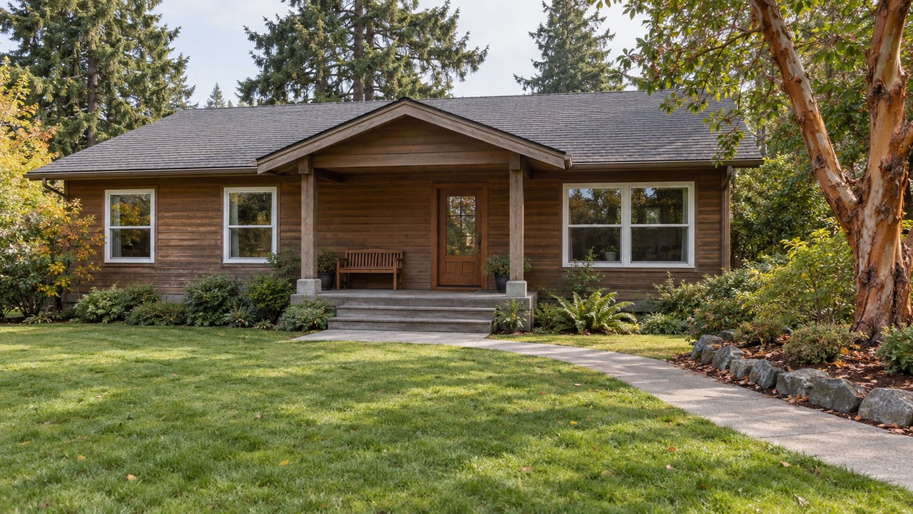 Wood-sided home with a covered timber porch, broad lawn, and mature fir and madrone trees in soft autumn daylight.