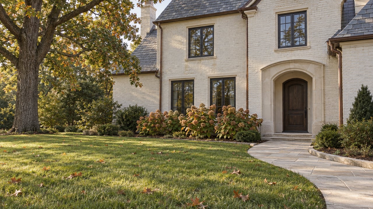Painted-brick estate entry with limestone detailing, a broad autumn lawn, and a mature white oak.