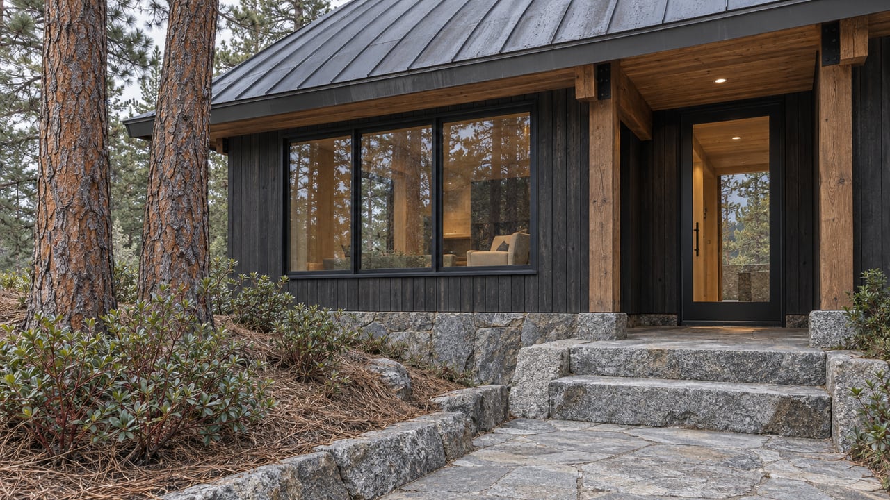 Dark cedar mountain home with a steep metal roof, glazed entrance, granite steps and mature pines in cool autumn daylight.