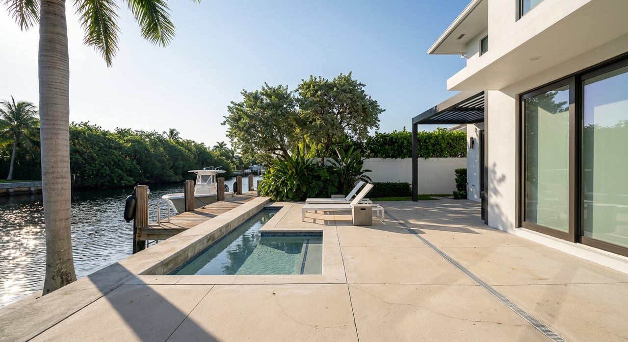 Canal-side backyard terrace with a dock, pool, and white stucco house beneath leafy trees.