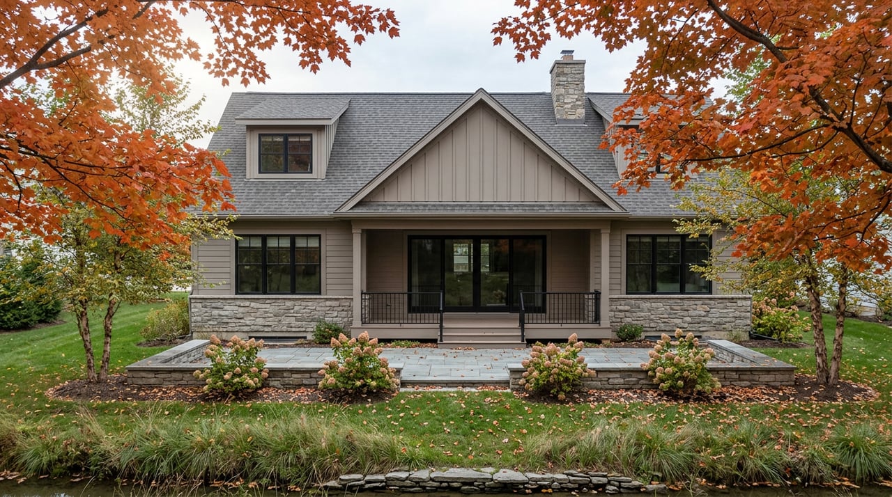Rear of a home with a stone patio, fall-colored maple trees, and a narrow creek.