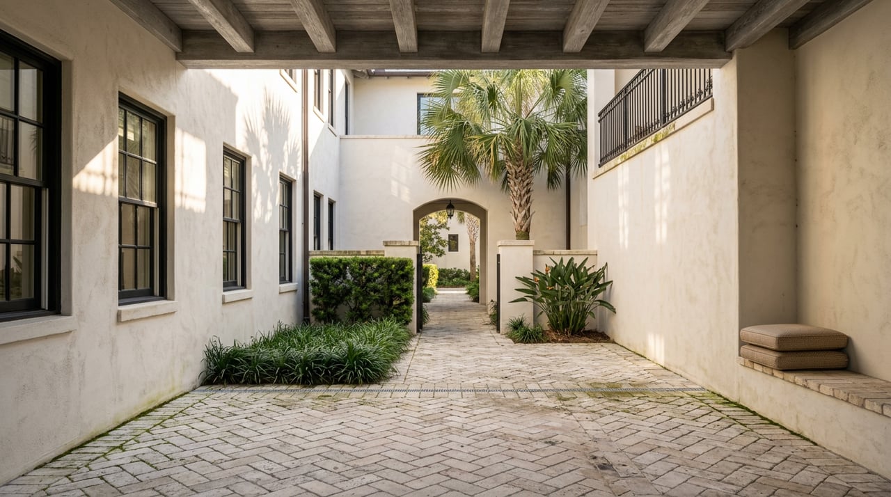 Stone-paved courtyard with white stucco walls, black-framed windows, iron balcony, and an arched passage.