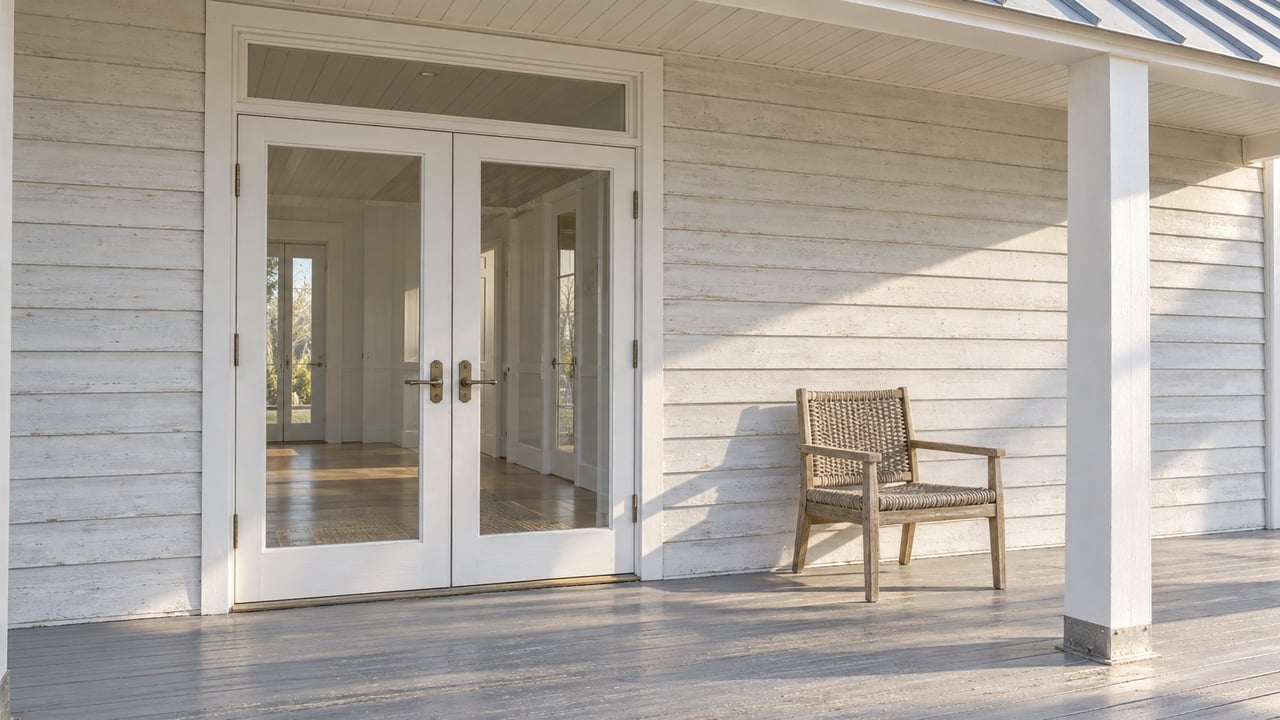 Sunlit covered porch of an elevated cottage with weathered-white siding, paired glass doors, gray timber decking, and a teak woven chair.