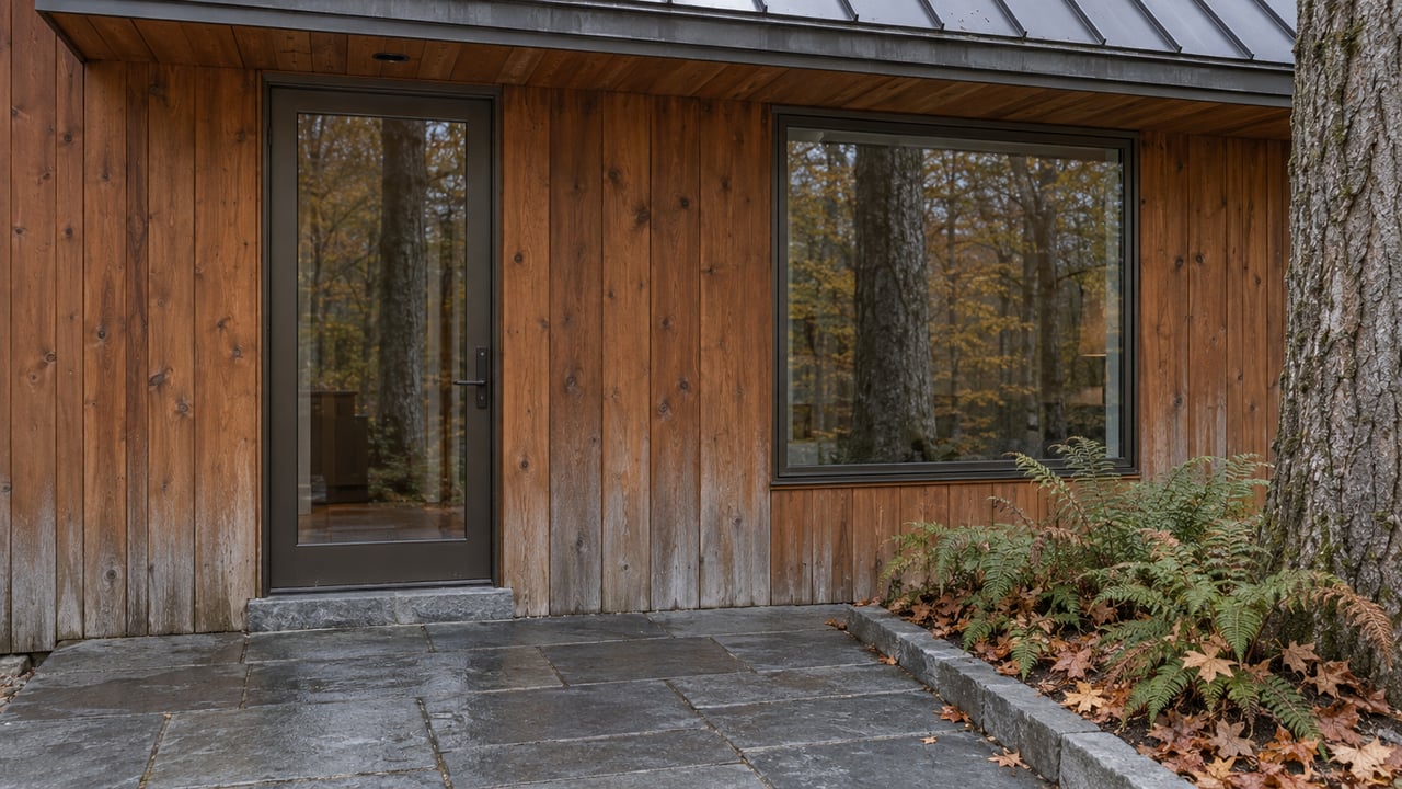 Cedar-clad home entrance with dark-framed glazing, a slate landing and ferns beside a mature maple trunk.