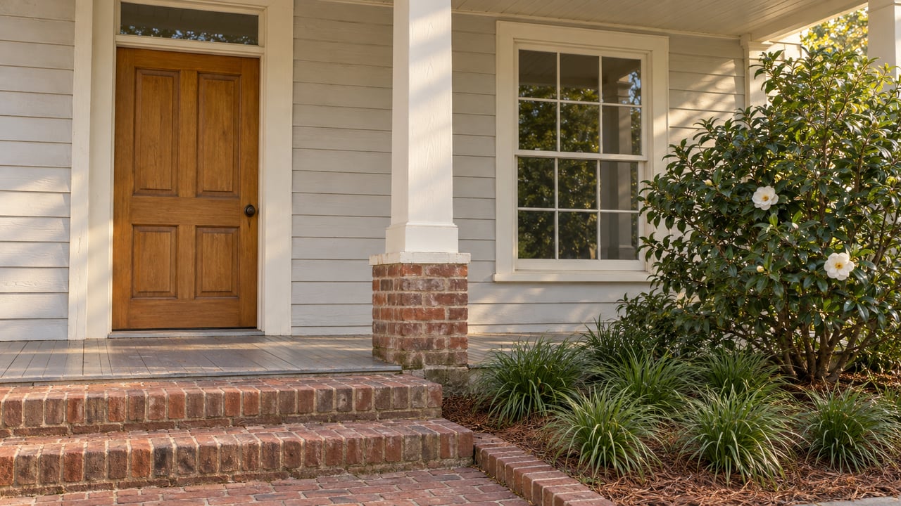 Sunlit timber porch with a honey-brown paneled door, cream sash window, worn brick steps and a white-flowering camellia.