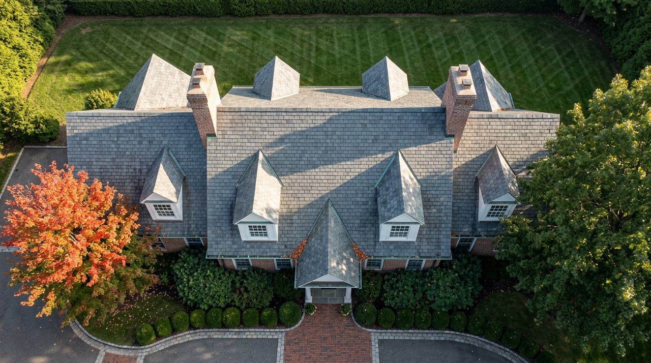 Colonial-Georgian home with a slate roof, four dormers, two chimneys, and a curved brick-paver drive.