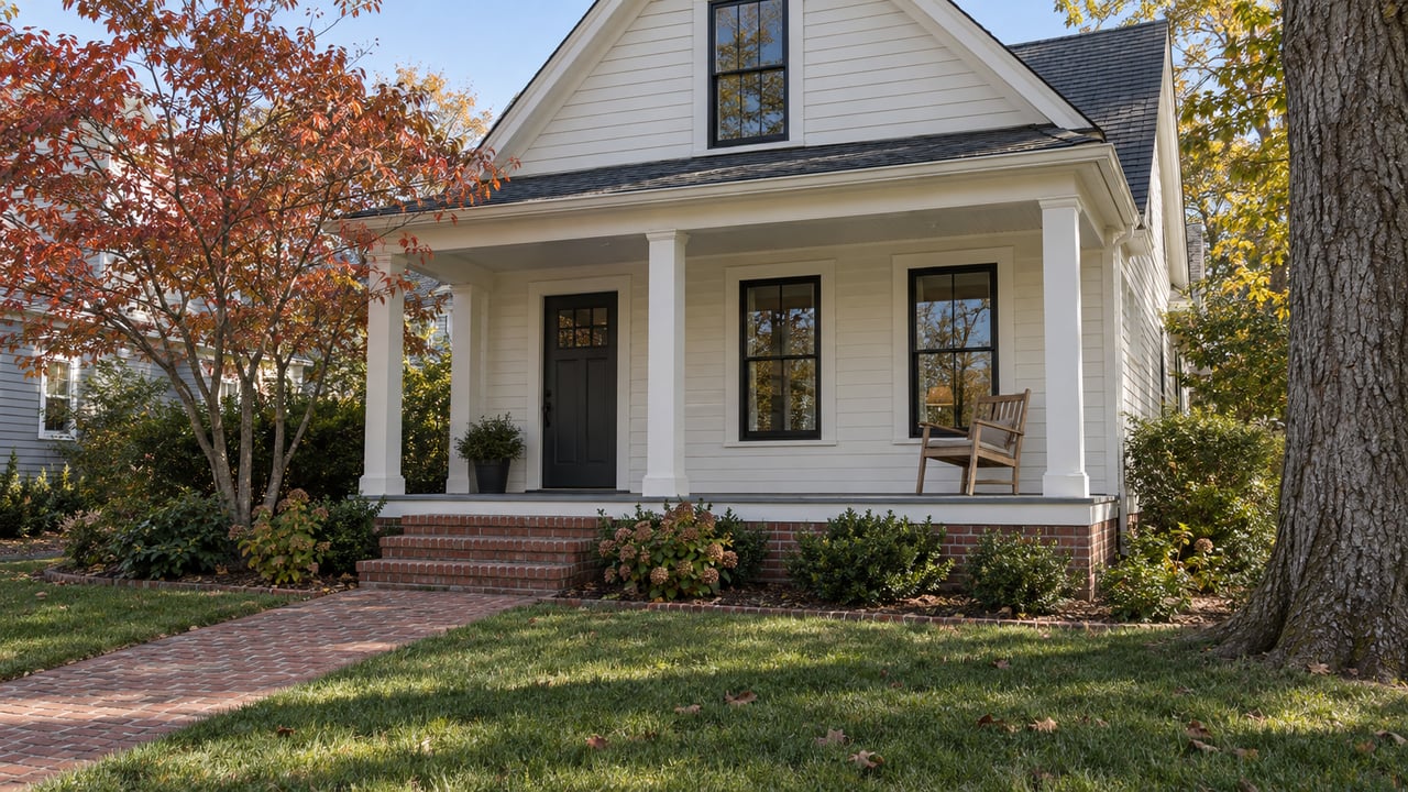White clapboard home with a covered porch, brick steps and walkway, and an autumn dogwood beside a compact lawn.