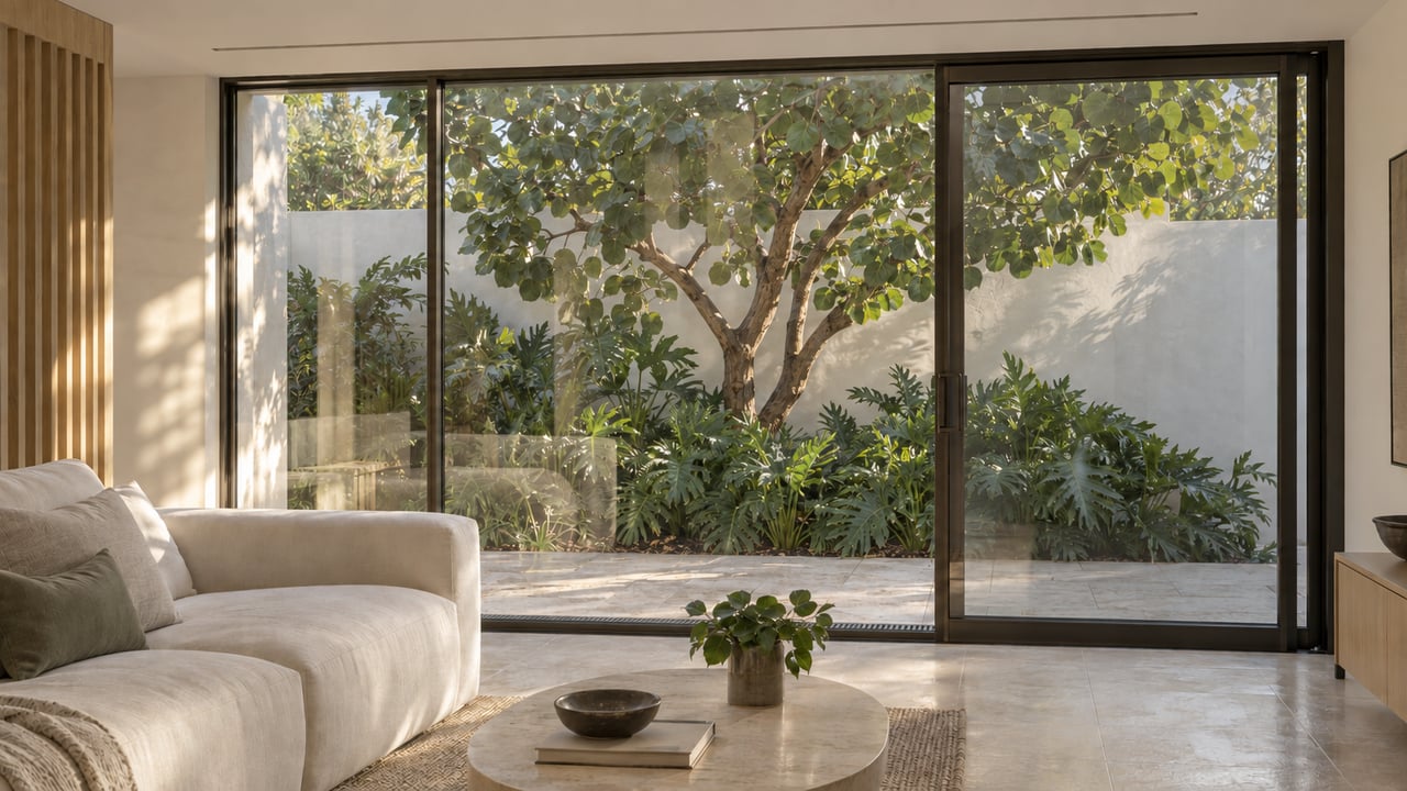 Linen sofa and limestone floor behind a clear glass pane, facing a planted courtyard.