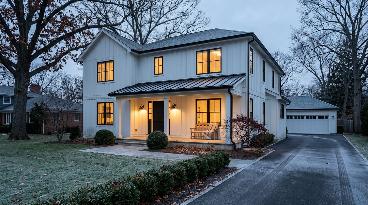Two-story white farmhouse glowing at dusk, with a frosted lawn, bluestone walkway, and bare oak branches.