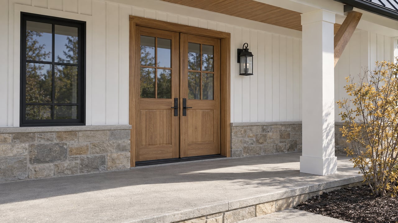 Covered home entry with warm timber double doors, white board-and-batten siding, dark window frames and a gold-leaved serviceberry beside the stone-edged porch.