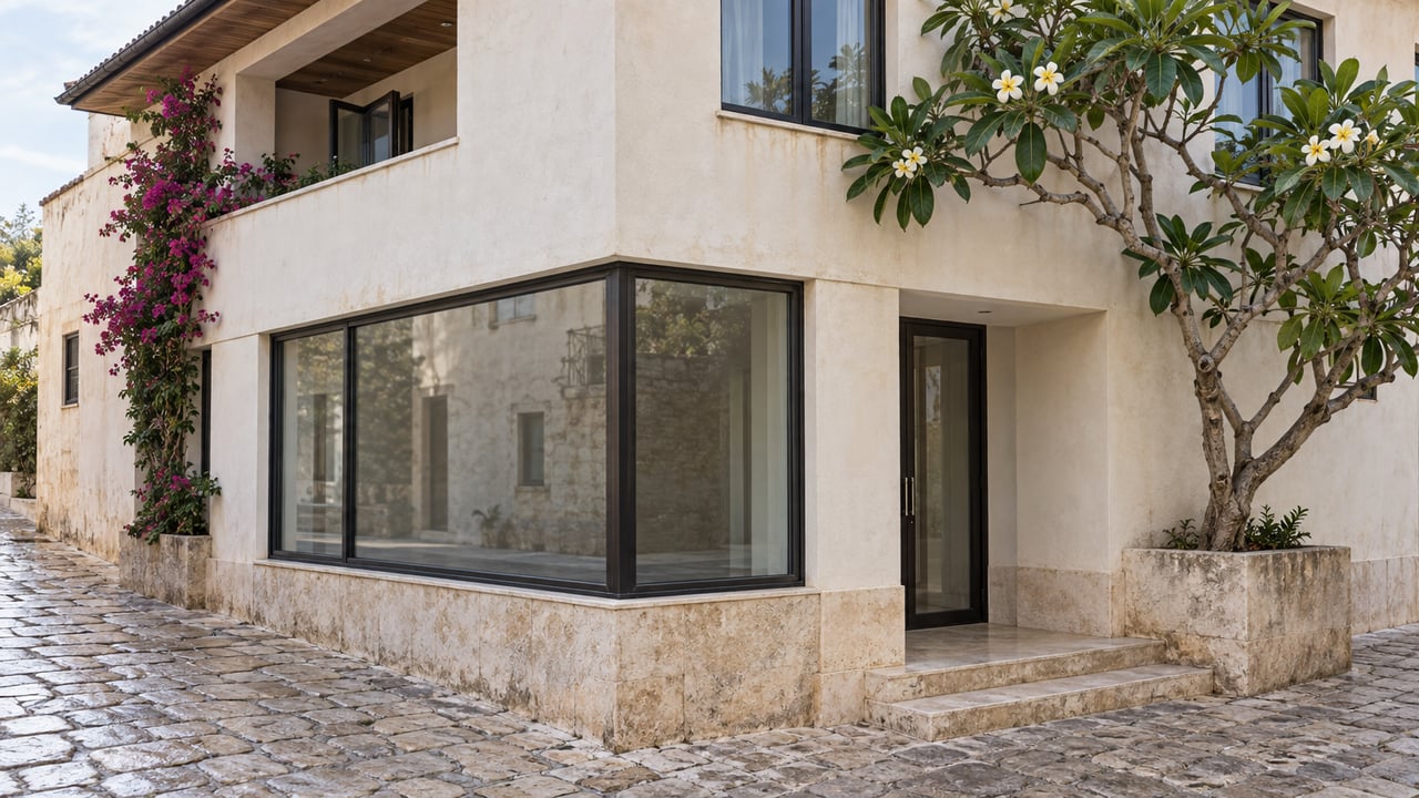 Coastal building corner with a broad ground-floor window, recessed glass entry, stone steps, and flowering trees.