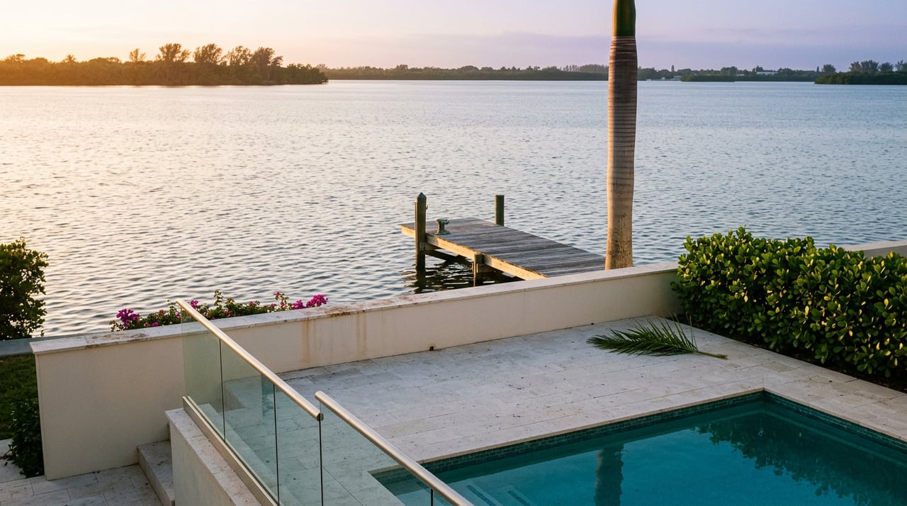 Pool terrace overlooking a private dock and calm water, with a royal palm silhouetted against the sunset.