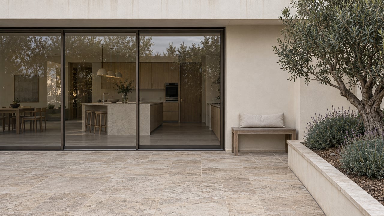 Contemporary townhouse terrace with travertine paving, closed bronze-framed glass doors, a teak bench, and an olive tree in a raised planting bed.
