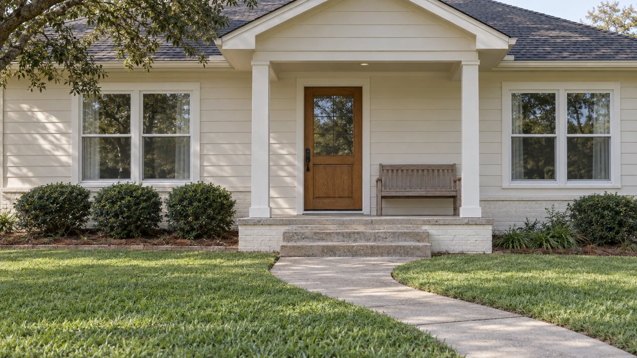 Cream-sided home with a charcoal porch gable, oak front door, paired windows and a curved concrete walk through a green lawn.