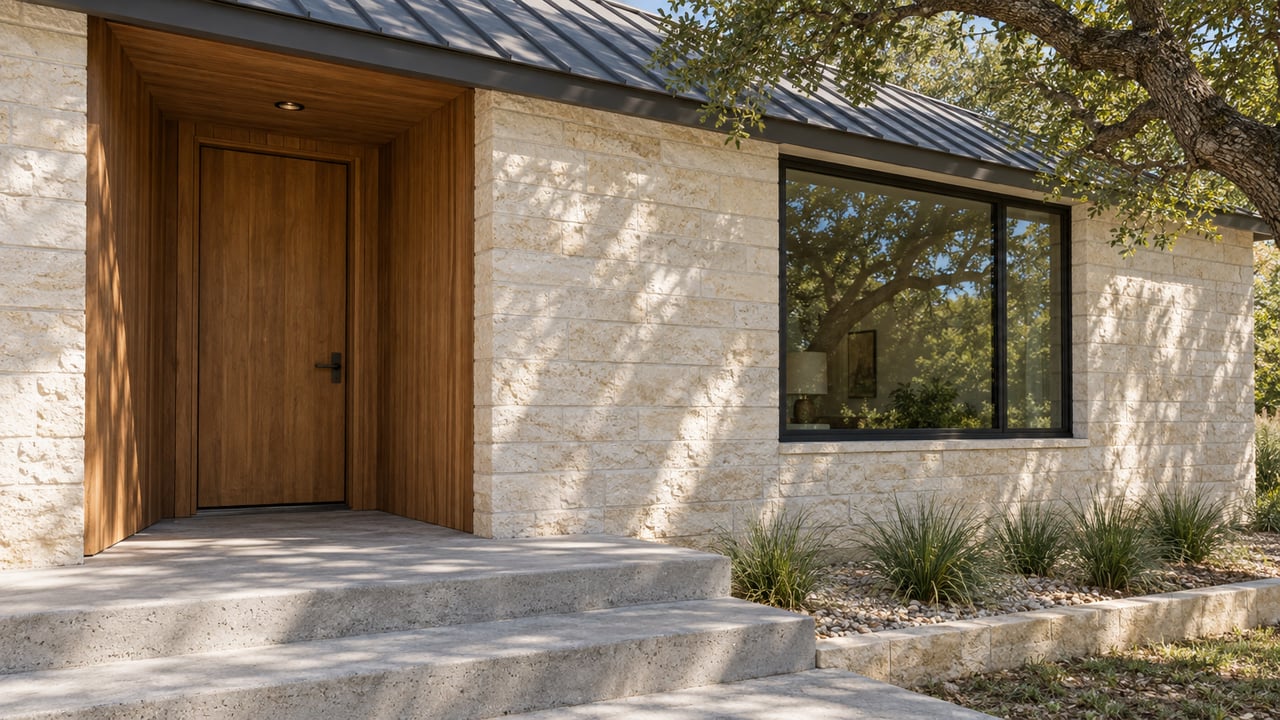 Pale limestone home with a cedar-lined entry, black-framed window, concrete porch steps, and mature oak shade.