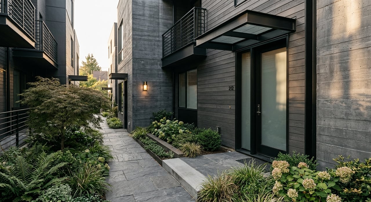 Recessed charcoal entry in a limewashed-brick townhome, with a bluestone stoop, black handrail, and clipped shrubs.