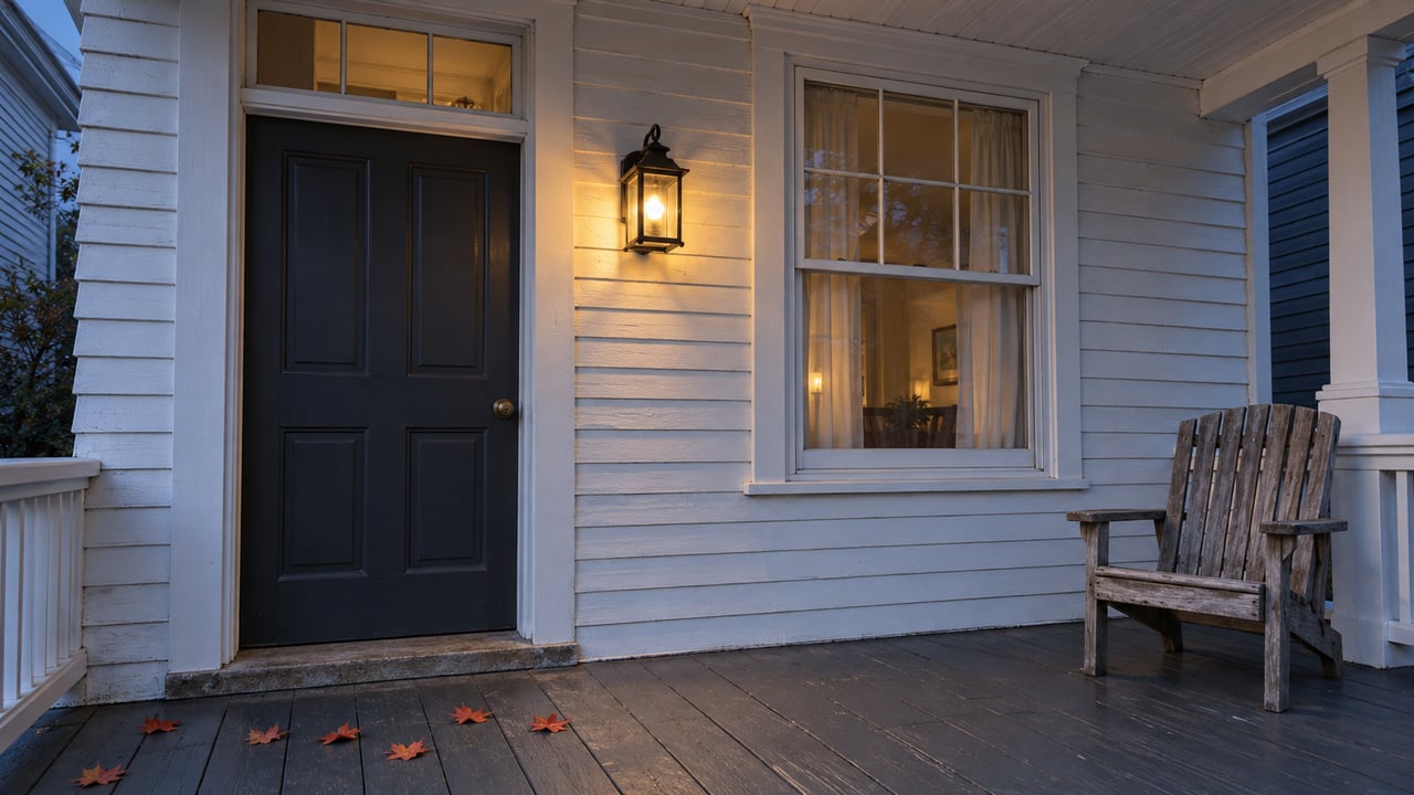 A white clapboard home's covered porch at dusk, with a charcoal door, warm lantern, divided-pane window and weathered wooden chair.