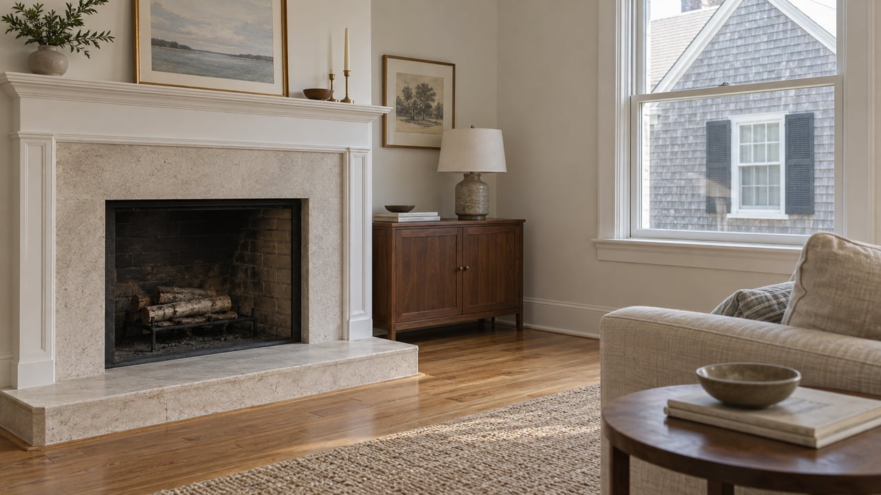 Condominium living room with a limestone fireplace, oak floor, linen sofa, and neighboring shingle facade beyond the window.