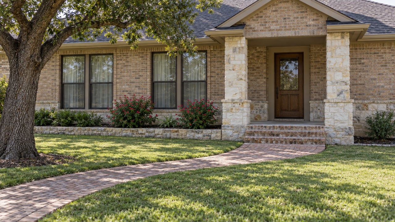 A brick-and-limestone single-story home with a shaded front porch, curved brick walk, and broad lawn beneath a mature oak.